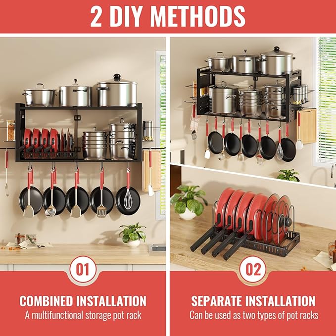 31 Inch Pot Rack Wall Mounted，3 in 1 Pots and Pans Organizer