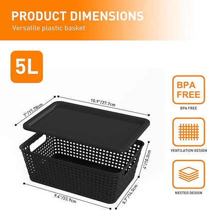 Plastic Storage Baskets With Lid, Storage Bins for Organizing, Stackable Decorative Containers for Shelves Drawers Desktop Closet Playroom Classroom Office,10 Pack-Black