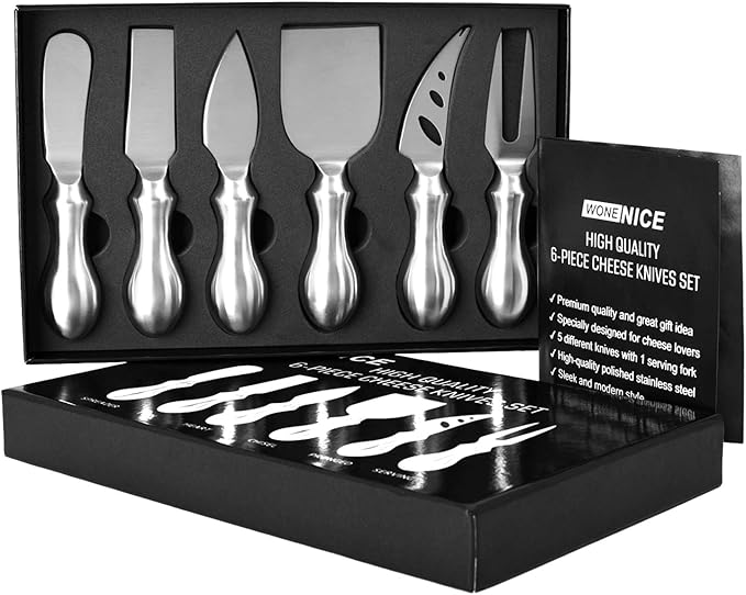 WoneNice Cheese Knife Set, 6-Piece Stainless Steel Knives for Charcuterie, Gift Ready