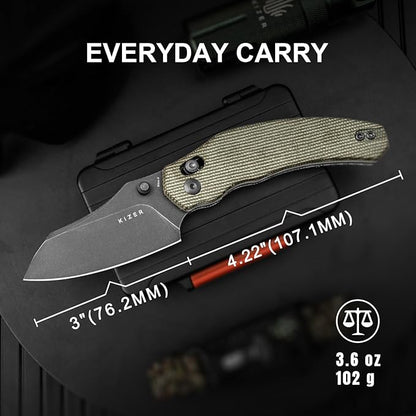 Kizer Bulldog Pocket Knife, 3 In Nitro V Blade Folding Knife Micarta Handle Camping Hunting Knife with Reversible Clip, Clutch Lock Small EDC Knives for Men Women V3672A3