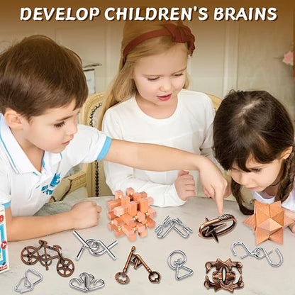 Rileryan 16 PCS Wooden Metal Brain Teasers for Adults 3D Brain Teasers Wooden Cube
