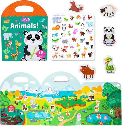 Jelly Reusable Sticker Books for Toddlers 1-3 2-4 Years, Portable Travel Toys Sticker Activity Book for Kids 2 3 4 Year Old Girls Boys (Animals)