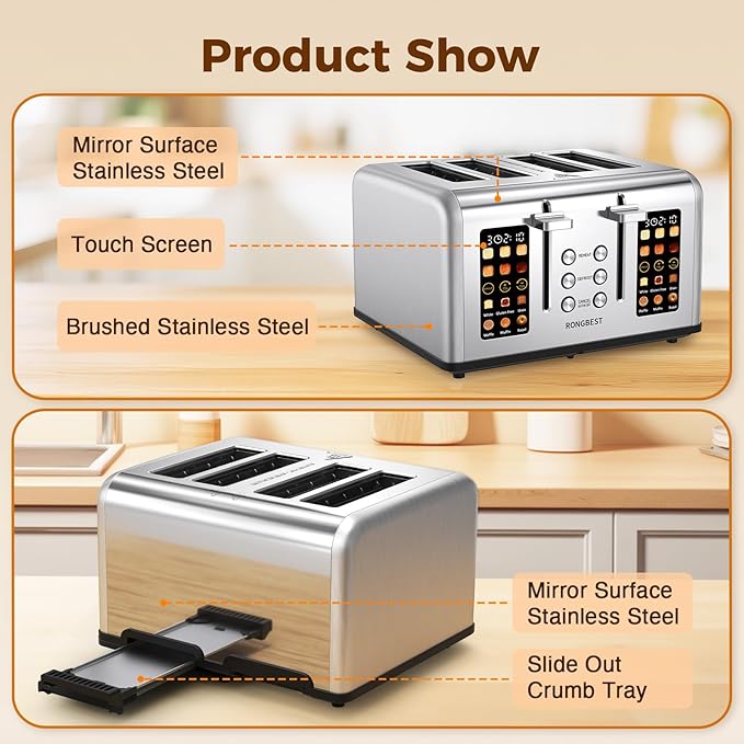4 Slice Touch Screen Toaster, Easy-to-Use Digital Stainless Steel Toaster