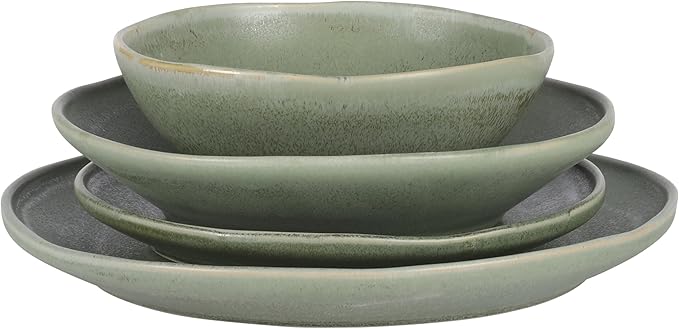 Gibson Elite Island Cove 16 Piece (Service for 4) Plates and Bowls Reactive Glaze Organic Round Dishes Stoneware Ceramic Dinnerware Set -Green