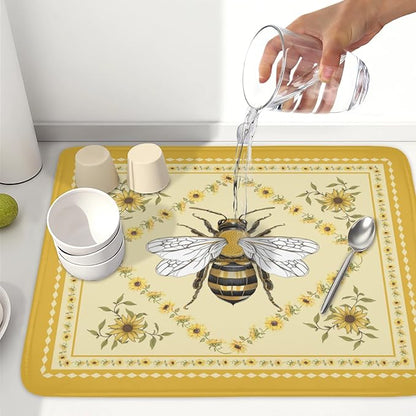Giwawa Sunflower Bee Dish Drying Mat, Summer Rustic Sunshine Floral Dish