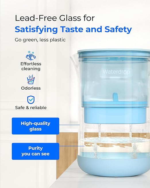 Waterdrop PT-09B-A 10-Cup Large Glass Alkaline Water Filter Pitcher,