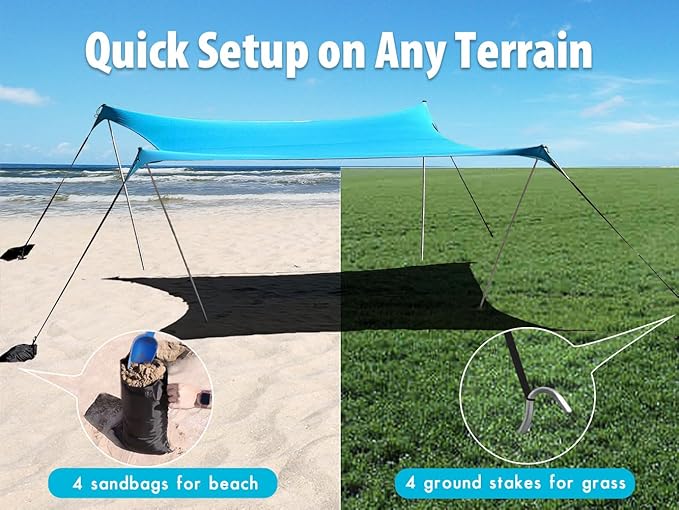 10×10ft UPF50+ Beach Tent Sun Shelter, Windproof Stable Outdoor Pop Up Beach Shade Canopy for Camping, Fishing, Backyard Fun or Picnics, 4 Poles