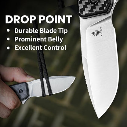 Kizer Nice Guy Pocket Folding Knife, 2.84" 154CM Blade, Lightweight Sharp Camping and Hiking Knife, G10 Carbon Fiber Handle, Liner Lock Flipper Knives V3011C1