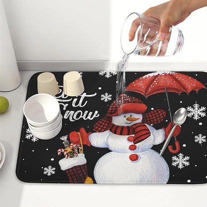 Black Snowman Dish Drying Mats for Kitchen Counter, Winter Snowflake Dish Mat