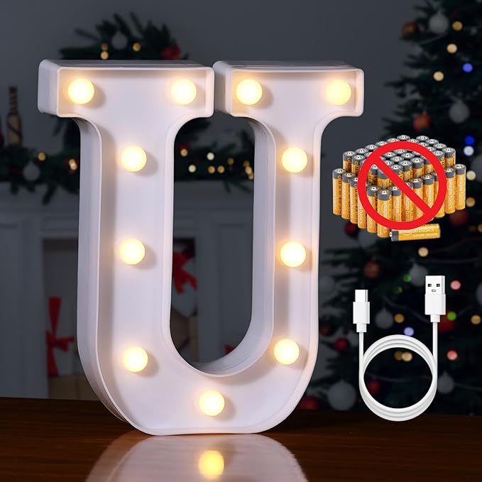 Foaky Rechargeable LED Letter Lights Sign Marquee Light Up Letters Sign for Night Light Wedding/Birthday Party Christmas Lamp Home Bar Decoration (U)