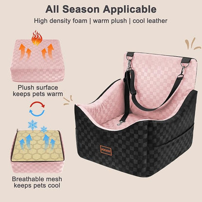 JOEJOY Elevated Dog Car Seat for Small/Medium Dogs up to 35 lbs, Memory Foam Booster Seat with Detachable Washable Cover, Travel-Safe Car Bed with Safety Belts & Storage Pockets, Pink