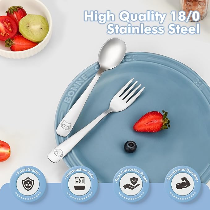 DRKIO Stainless Steel Toddler Utensils Set - 6 Pieces Kids Silverware Set Children Safe Food Grade Small Forks and Spoons Dishwasher Safe Mirror Polished