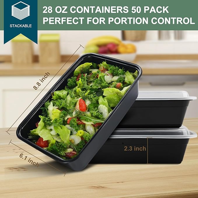 Meal Prep Containers Reusable 50 Pack - 28 oz Food Containers with Lids-Food Storage Containers with Lids, 28 oz -Take Out Disposable,BPA Free - Dishwasher & Freezer Safe