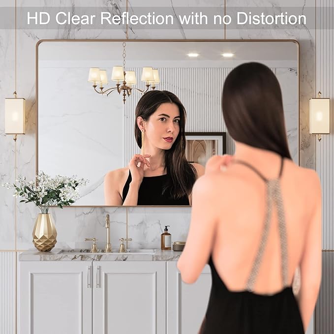 LOAAO 48”X30” Gold Bathroom Mirror, Rounded Rectangle Gold Frame Mirror