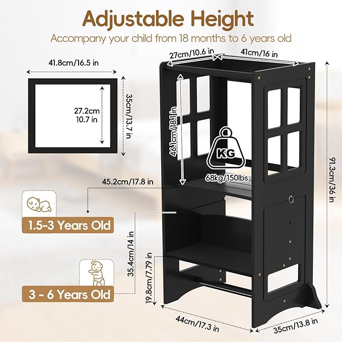 4 in 1 Kitchen Step Stool Helper for Toddlers, Adjustable-Height Toddler Learning Standing Tower with Double-Sided Whiteboard, Non-Skid Feet Kids Step Stools for Kitchen Counter Bathroom Sink