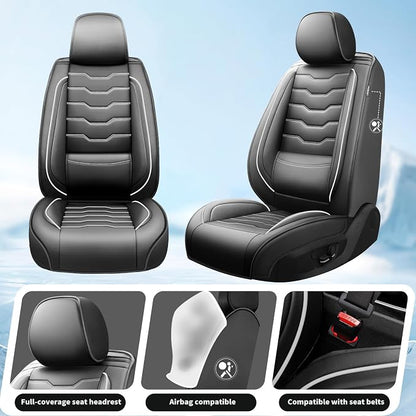 Fit Patriot Car Seat Covers for Jeep Patriot 5 Seats 2007-2016 2017 -Premium Leather,Waterproof & Breathable，All-Weather Seat Cushion Protecto & Airbag Compatible, 2 Front Seat White Line Black