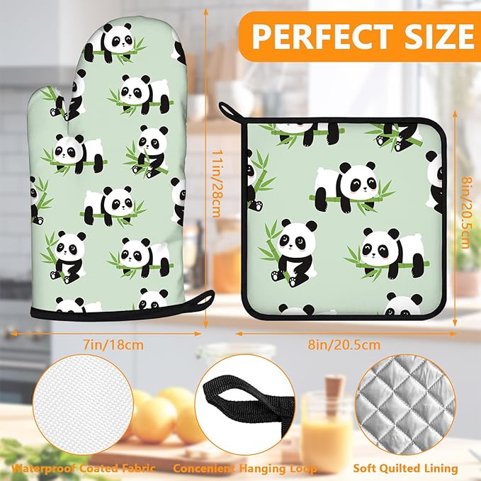 Cute Panda Oven Mitts and Pot Holders Sets 4Pcs, Extra Long Oven Gloves