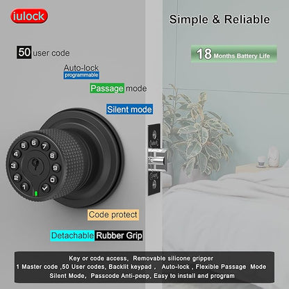 iulock Keypad & Key Smart Door Lock, 50 User Codes, Waterproof, Auto Lock