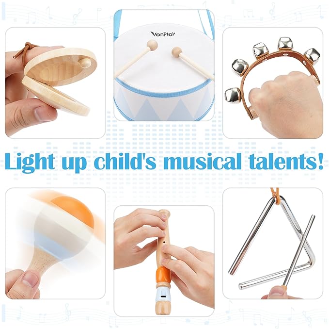 Drum Set for Boys - Toys for 2 3 Year Old Boy Birthday Gifts - Wooden Montessori Musical Instruments for Toddlers 2-4, Preschool Musical Toys with Snare Drum for Kids Age 3-5
