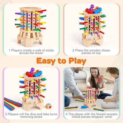 Montessori Wooden Board Game, Educational Toys for 3 4 5 6 Year Old, Board Games for Kids with Colorful Sticks, Math Game Fine Motor Skills Toys, Family Travel Games for Kids and Adults Gifts for 3+