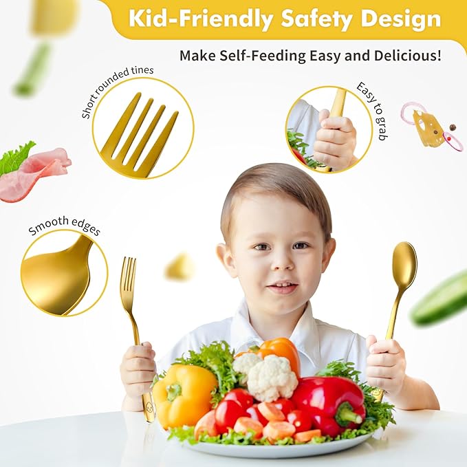 DRKIO Stainless Steel Toddler Utensils Set - 6 Pieces Kids Silverware Set Children Safe Food Grade Small Forks and Spoons Dishwasher Safe Mirror Polished