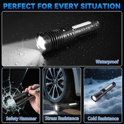 4Pack Flashlights High Lumens 9900FL, 7Mode Flashlight Rechargeable with LCD Digital Display, Rechargeable Flashlights with COB Light, Adjustable Super Bright Flashlight, Powerful Tactical Flash Light