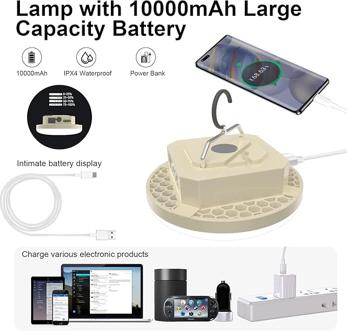 10000mAh Rechargeable 3000LM Tent Light Camping Light, 6500K 24Hours Long Play Time , Outdoor Night Market Light Night Fishing Light Emergency Lights for Hurricane Tsunami disasters (30W（Beigeï¼?