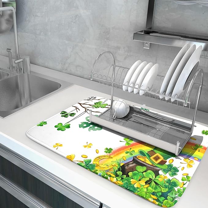 Giwawa St Patrick Dish Drying Mat Large Lucky Clover Tree Shamrock Dish Drainer