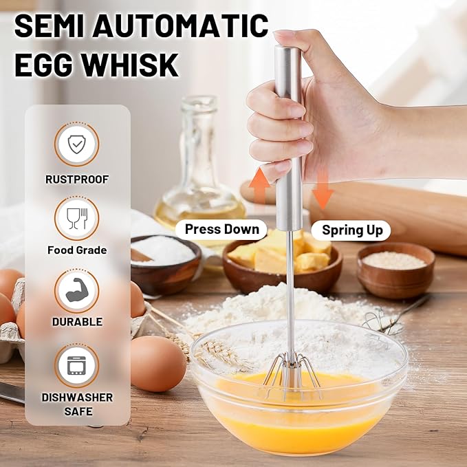 2026 Upgraded Semi-Automatic Stainless Steel Egg Beater – Hand Push Whisk