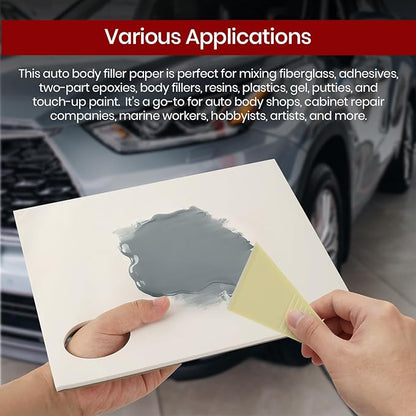 Calvana Clean Mixing Disposable Paper Kit for Body Fillers, Fiberglass, Resins, Putties, Touch-Up Paint, Includes 2 Scratch Repair Putties, Plastic Scraper, Gloves, 8.27 x 9.84 in, 80 Sheets Total