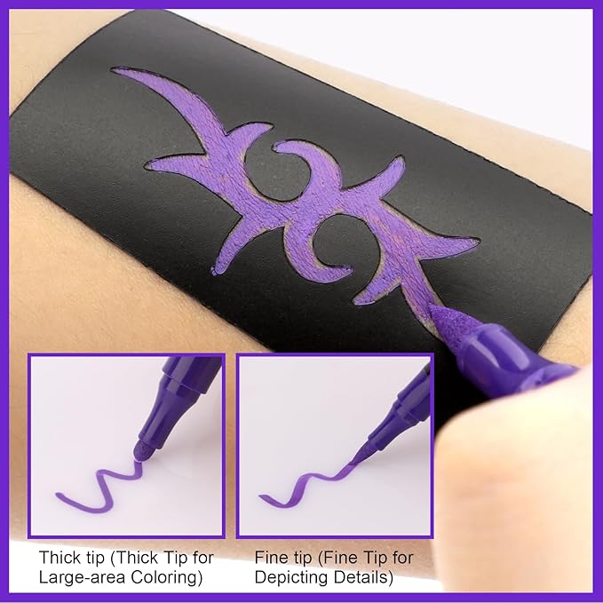 Ponhey Temporary Tattoo Markers for Skin, 12 Body Markers+67 Large Tattoo Stencils,Dual-End Tattoo Pens,Fine Lines with Cosmetic-Grade,Flexible, Skin-Safe Face Paint Kit for Kids Teenage Adults