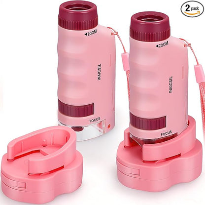Portable Microscope for Kids Zoom 60x-180x,Handheld Mini Microscope STEM & Science Toys,LED Pocket Little Scientist Microscopes with 12pcs Slides,Gifts for 6,7,8,9,10+ Girls Boys（2PCS Pink）