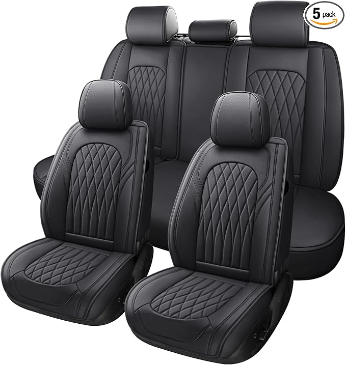 WELLDO Nappa Faux Leather Car Seat Covers Full Set, Black | Waterproof, Non-Slip Seat Protector, 0.28in Thickened Cushion, Airbag Compatible, Universal for Cars SUV Truck Pickup