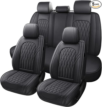 WELLDO Nappa Faux Leather Car Seat Covers Full Set, Black | Waterproof, Non-Slip Seat Protector, 0.28in Thickened Cushion, Airbag Compatible, Universal for Cars SUV Truck Pickup