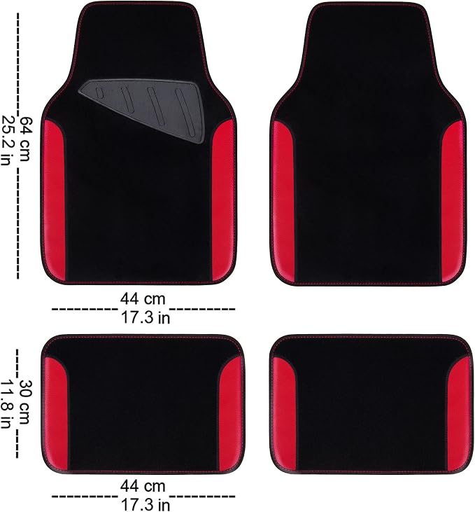 CAR PASS Rainbow Waterproof Universal Fit Faux Leather Car Carpet- Anti-Slip Nibbed Backing Floor Mats for SUV, Vans,Sedans,Trucks, Automotive Set of 4 for Women (Black with Red)