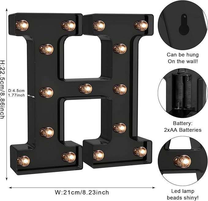 Foaky Black LED Letter Lights for Room Decor - Bedroom Wall Decor, Alphabet Lights for Home, Wedding, Party - Battery Operated （H）