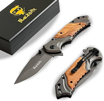 BlacKnife Pocket Knife For Men, Folding Pocket Knife with Wooden Handle and Clip – Stainless Steel and Ideal Knife for Camping, Hunting, DIY, (Plainknife)