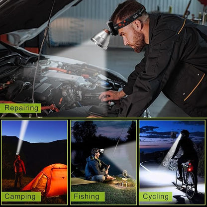 Rechargeable LED Headlamp with Flood and Spot Beam, Power Display, 4 Lighting Modes, Yellow/Blue Filter Lens, High Lumen Outdoor Waterproof Head Torch for Fishing, Hunting, Hiking, Outdoor Activities