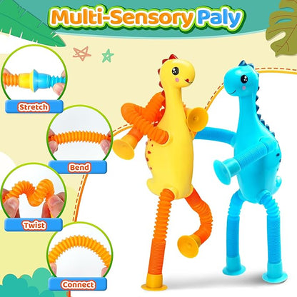 4Pcs Dinosaur Stocking Stuffers Airplane Travel Toys for Toddlers Kid Boys Girls Year Old Age 3+ Sensory Suction Tube ADHD Autism Road Trip Car Activities Essential Pop Fidget Toys Autistic Kid Gift