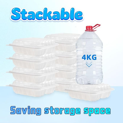 YANGRUI Plastic Containers 8" 34 oz 25 Pack - Reusable Fog Free Crystal Lid Technology | BPA Free PP Freezer & Microwave Safe Shrink-Sealed Takeout Box | White Restaurant 3 Compartment Food Container