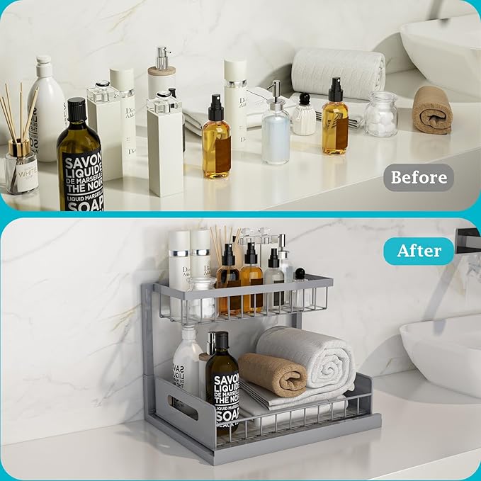 REALINN Under Sink Organizer, Pull Out Cabinet Organizer 2 Tier Slide Out Sink
