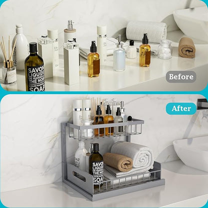 REALINN Under Sink Organizer, Pull Out Cabinet Organizer 2 Tier Slide Out Sink