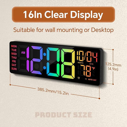 16" Digital Wall Clock with Night Light, Digital Clock with RGB Colors Changing