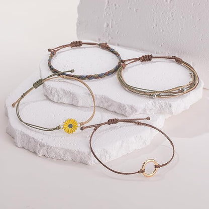 FANCY SHINY Sunflower String Bracelet Boho Braided Rope Wrap Bracelets Cute Summer Beach Surfer Jewelry for Women Christmas Gifts