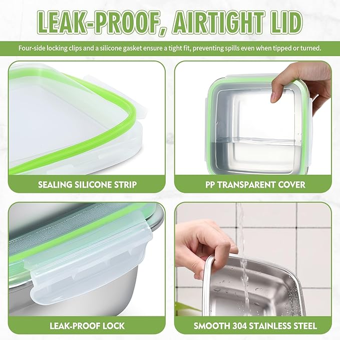 2 Pack Sandwich Containers, 40oz Stainless Steel Sandwich Box with Airtight Lids, Reusable Metal Meal Prep Lunch Boxes, BPA-Free, Dishwasher Safe, Large Capacity Food Storage Containers (Green)