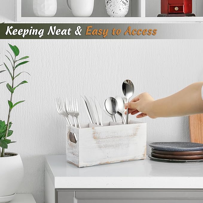 DRASTAR Wooden Silverware Caddy, Flatware Cutlery Holder, Kitchen Utensil Holder