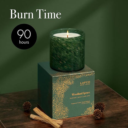 LAFCO New York Holiday Signature Candle, Woodland Spruce - 15.5 oz - 90-Hour Burn Time - Reusable, Hand Blown Glass Vessel - Made in The USA