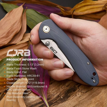 CJRB Folding Knife Feldspar Pocket Folding Knife Stonewash D2 Steel Blade G10 Tactical Handle EDC Knife,Blue Handle-Large(J1912)