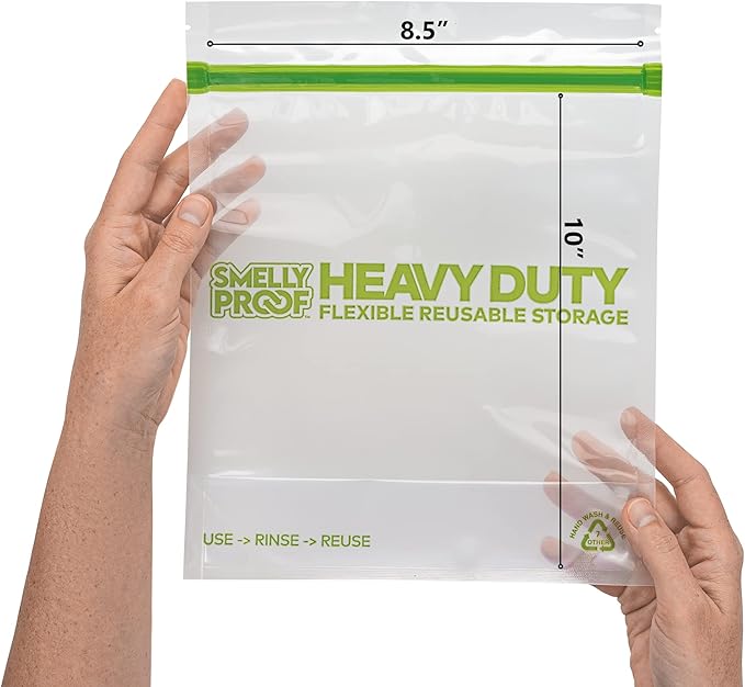 HEAVY DUTY Reusable STAND-UP Bags for Food Storage by Smelly Proof, USA Made, NO PEVA & BPA FREE, Reusable Freezer Bags, Dishwasher-Safe, Triple Zip, CLEAR 5-mils LRG Quart 8.75" x 9.5" - 5pk