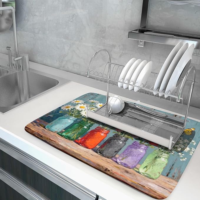 Dish Drying Mat for Kitchen Counter 18x24, Spring Summer Floral Decorative